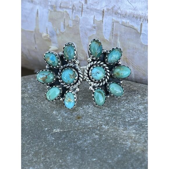 Turquoise Cluster Statement Ring Sterling Silver Southwestern Adjustable 5.5-8 - Picture 7 of 12